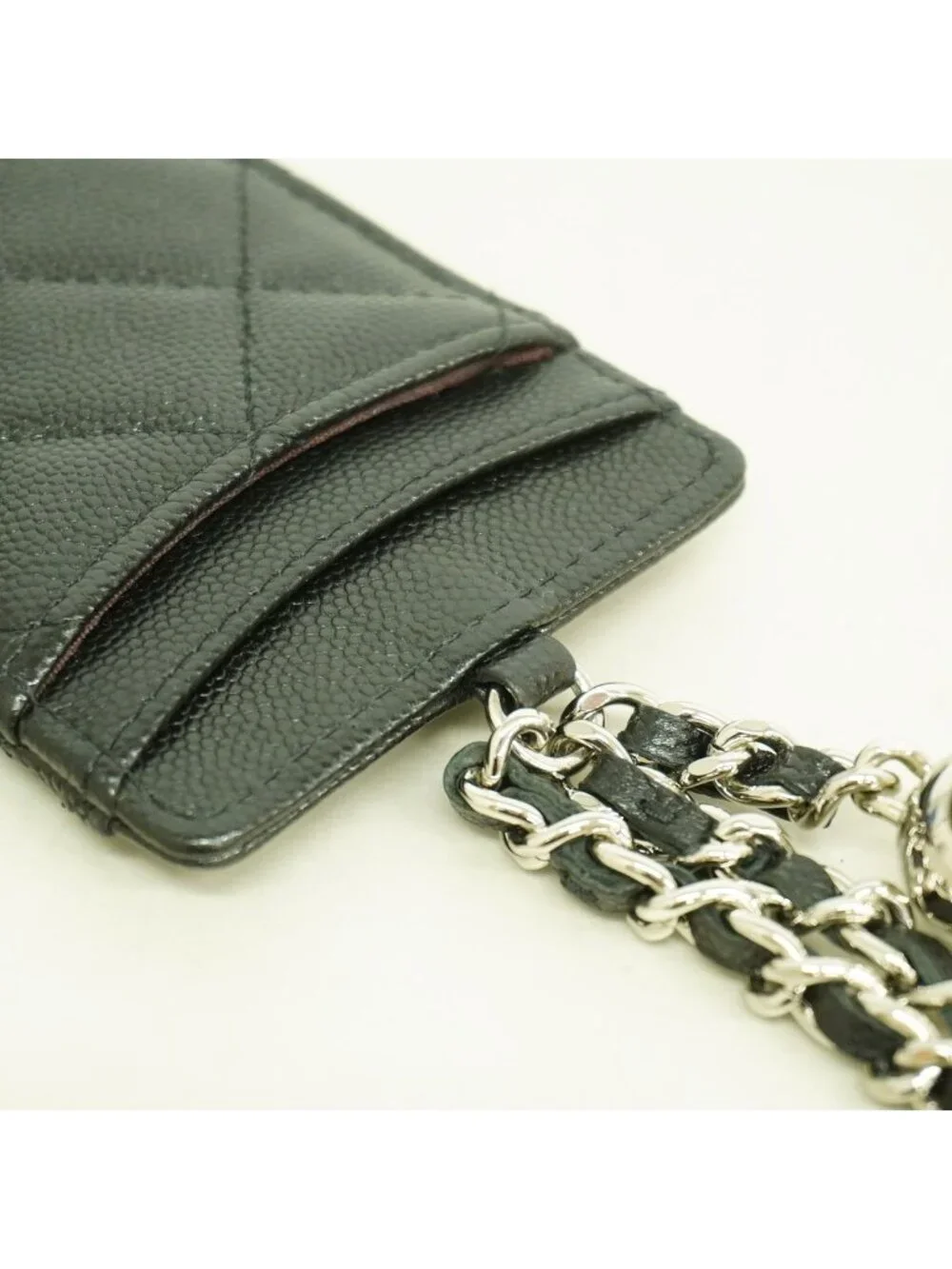 Chanel Card Case Quilted Caviar Leather Black Silver